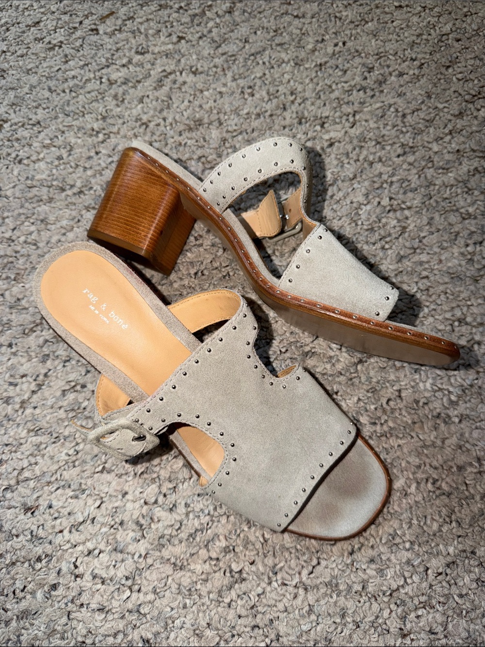 rag & bone Light Gray Suede Studded Block Heel Mules 38